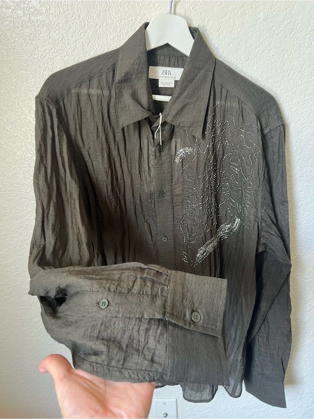 Zara Men Limited Edition Floral Beaded Embroidered Shirt NWT Gunmetal Green - Picture 2 of 11